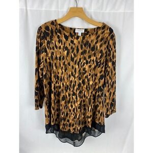 Carmen Animal Print Sheer Trim Top 3/4 Sleeve Round Neck Women's Plus Size